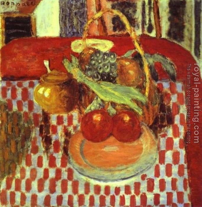 Pierre Bonnard : Basket and Plate of Fruit on a Red-Checkered Tablecloth